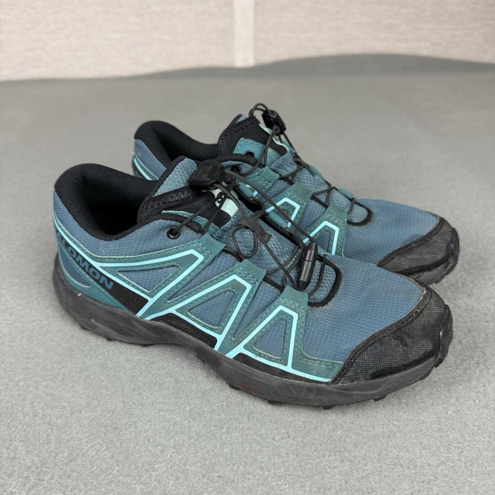 Salomon Speed Cross Trail Running Shoes Sz 6 Youth‎ 471238 Black Aqua Blue